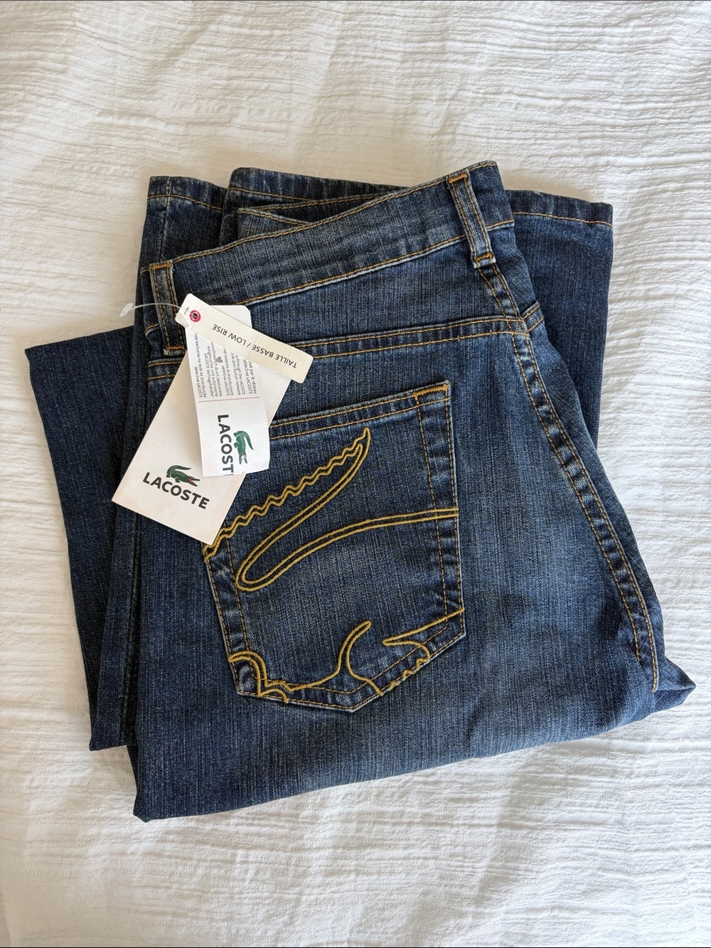 Lacoste Women's Blue Denim Straight-Leg Jeans with Gold Stitching